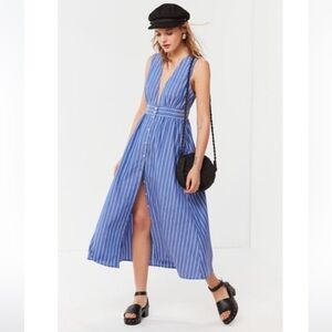 UO Striped Button-Down Plunging Midi Dress